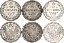 Russia 3 x 20 Kopeks 1873 - 1879
Silver; Various Litteras & Condition.