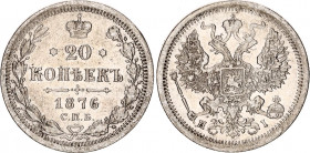 Russia 20 Kopeks 1876 СПБ HI
Bit# 227; Silver 3.39 g.; VF/XF-.