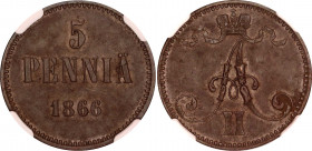 Russia - Finland 5 Pennia 1866 NGC AU 55 BN
Bit# 658; Copper