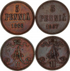 Russia - Finland 2 x 5 Pennia 1866 - 1867
Bit# 658, 659; Copper; VF/XF .