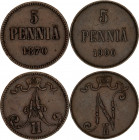 Russia - Finland 2 x 5 Pennia 1870 - 1906
Bit# 447, 660; Copper; XF.