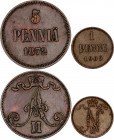 Russia - Finland 5 Pennia & 1 Penni 1872 - 1909
Bit# 661 & 470; Copper; XF-AUNC