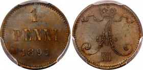 Russia - Finland 1 Penni 1891 PCGS MS 64 BN
Bit# 254; Copper