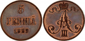 Russia - Finland 5 Pennia 1889
Bit# 247; Copper 6.43 g.; AUNC/UNC mint luster remains.