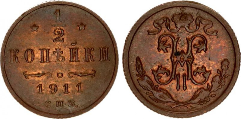 Russia 1/2 Kopek 1911 СПБ
Bit# 271; Copper 1.61 g; UNC, mint luster remains.