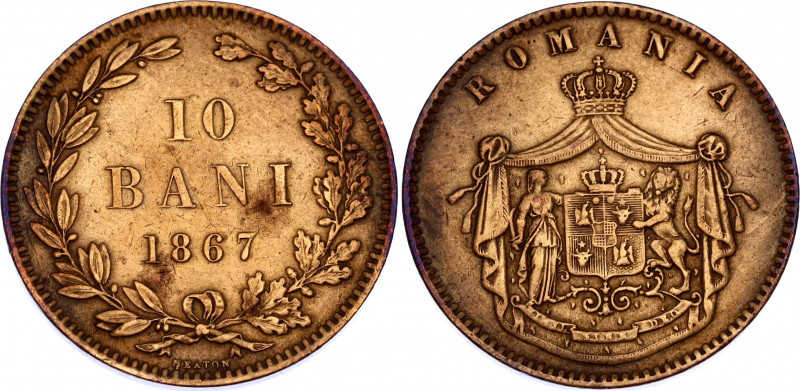 Romania 10 Bani 1867 Heaton
KM# 4; N# 3344; Copper; Carol I; Mint: Heaton's Min...