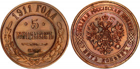 Russia 5 Kopeks 1911 СПБ
Bit# 210; Copper 16.37 g.; UNC with mint luster