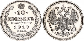 Russia 10 Kopeks 1910 СПБ ЭБ
Bit# 162; Silver 1.85 g.; UNC with hairlines.