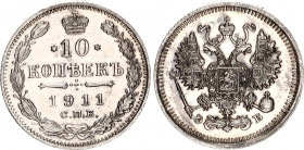 Russia 10 Kopeks 1911 СПБ ЭБ
Bit# 163; Silver 1.85 g; UNC with minor hairlines.