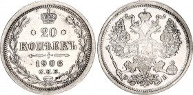 Russia 20 Kopeks 1906 СПБ ЭБ
Bit# 106; Silver 3.48 g.; XF.
