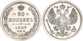 Russia 20 Kopeks 1907 СПБ ЭБ
Bit# 107; Silver 3.65 g.; AUNC/UNC with hairlines.