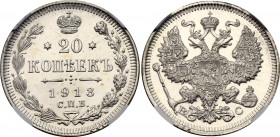 Russia 20 Kopeks 1913 СПБ ВС NGC UNC
Bit# 115; Silver; NGC UNC Det. harshly cleaned