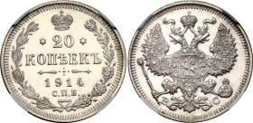 Russia 20 Kopeks 1914 СПБ ВС NGC UNC
Bit# 116; Silver; NGC UNC Det. harshly cleaned