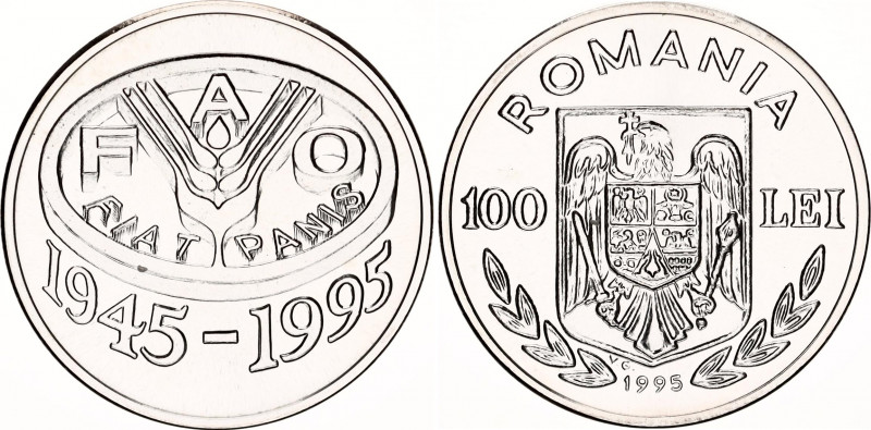 Romania 100 Lei 1995
KM# 118; N# 20302; Silver; 50th Anniversary of the Food an...