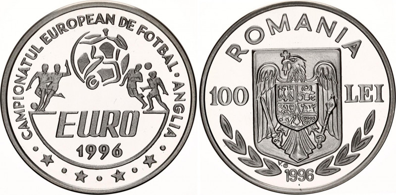 Romania 100 Lei 1996
KM# 119; N# 25701; Silver., Proof; 1996 UEFA European Foot...