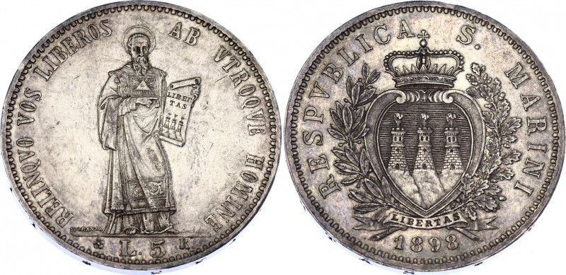 San Marino 5 Lire 1898 R
KM# 6; N# 24561; Silver; Mint: Rome; Mintage 18000; AU...