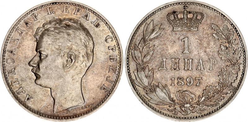 Serbia 1 Dinar 1897
KM# 21; N# 15749; Silver; Alexander I; UNC Toned