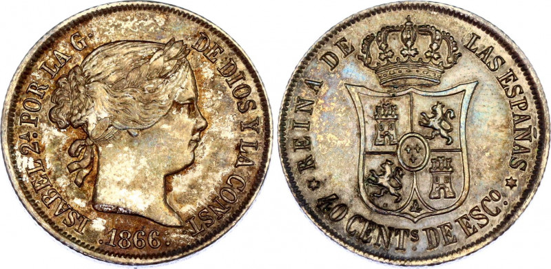 Spain 40 Centimos de Escudo 1866
KM# 628, N# 14875; Silver; Isabel II; XF/AUNC