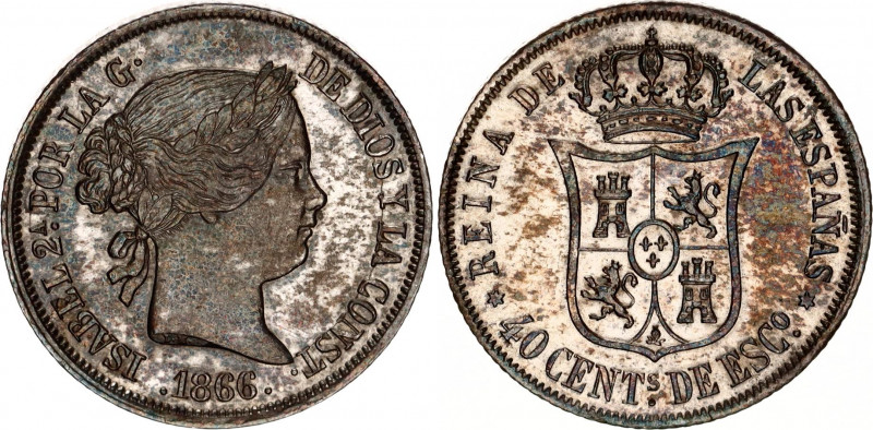 Spain 40 Centimos de Escudo 1866
KM# 628.2, N# 14875; Silver; Isabel II; XF/AUN...