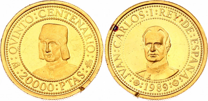 Spain 20000 Pesetas 1989 M
KM# 843; Schön# 85.1; N# 102407; Gold (.999) 6.75 g....