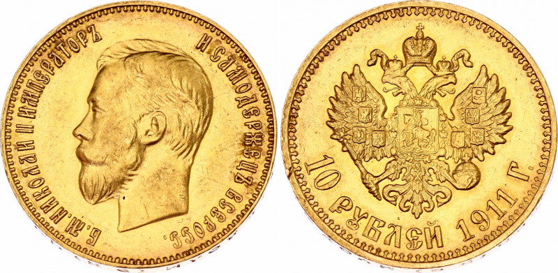 Russia 10 Roubles 1911 ЭБ
Bit# 16; Gold (.900) 8.60 g. UNC. Mint luster. Better...