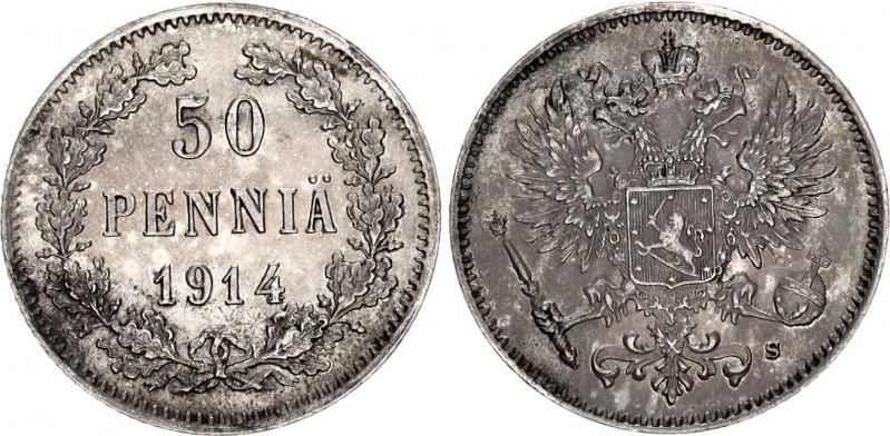 Russia - Finland 50 Pennia 1914 S
Bit# 405; Silver 2.55 g.; UNC with minor hair...