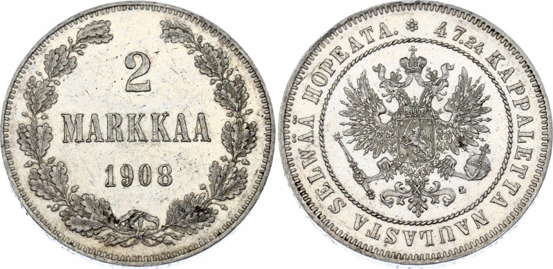 Russia - Finland 2 Markkaa 1908 L
Bit# 398; Conros# 483/10; Silver 10.26 g; UNC