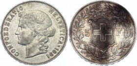Switzerland 5 Francs 1891 B
KM# 34; Schön# 30; Y# 33; N# 192; Silver; Mint: Bern; VF-XF Toned