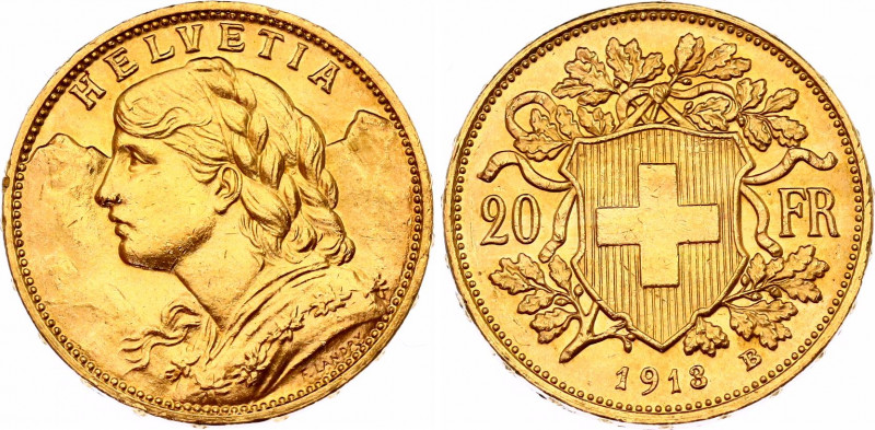 Switzerland 20 Francs 1913 B
KM# 35.1, N# 7497; Gold (.900) 6.45 g., 21.00 mm.;...