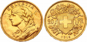 Switzerland 20 Francs 1913 B
KM# 35.1, N# 7497; Gold (.900) 6.45 g., 21.00 mm.; Vreneli"; UNC