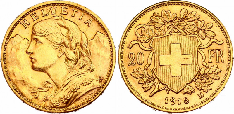 Switzerland 20 Francs 1915 B
KM# 35.1, N# 7497; Gold (.900) 6.45 g., 21.00 mm.;...