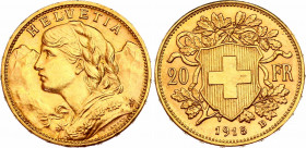 Switzerland 20 Francs 1915 B
KM# 35.1, N# 7497; Gold (.900) 6.45 g., 21.00 mm.; Vreneli"; AUNC/UNC