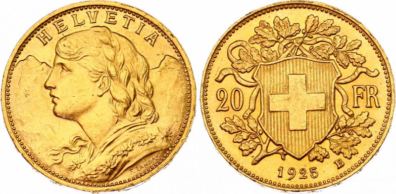 Switzerland 20 Francs 1925 B
KM# 35.1, N# 7497; Gold (.900) 6.45 g., 21.00 mm.;...