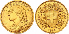 Switzerland 20 Francs 1925 B
KM# 35.1, N# 7497; Gold (.900) 6.45 g., 21.00 mm.; Vreneli"; UNC