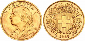 Switzerland 20 Francs 1935 (1945-1947) LB Restrike
KM# 35.1; N# 7497; Gold (.900) 6.45 g.; "Vreneli"; Mint: Bern; UNC Luster