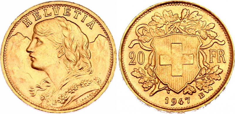 Switzerland 20 Francs 1947 B
KM# 35.2; N# 283832; Gold (.900) 6.45 g.; "Vreneli...