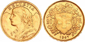 Switzerland 20 Francs 1947 B
KM# 35.2; N# 283832; Gold (.900) 6.45 g.; "Vreneli"; Mint: Bern; UNC Luster