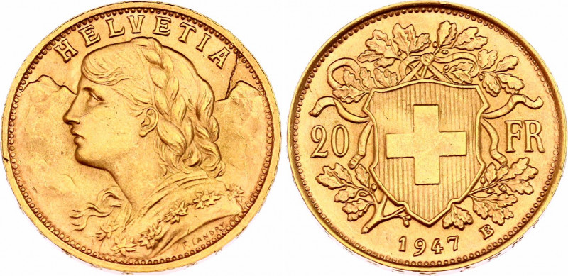Switzerland 20 Francs 1947 B
KM# 35.2; N# 283832; Gold (.900) 6.45 g.; "Vreneli...