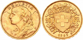 Switzerland 20 Francs 1949 B
KM# 35.2; N# 283832; Gold (.900) 6.45 g.; "Vreneli"; Mint: Bern; UNC Luster