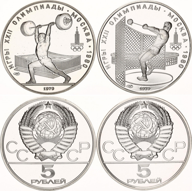 Russia - USSR 2 x 5 Roubles 1979
Y# 166, 167; Silver., Proof; 1980 Summer Olymp...