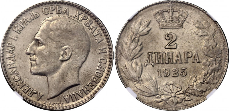 Yugoslavia 2 Dinara 1925 B NGC AU 58
KM# 6, N# 4923; Nickel brass; Aleksandar I...