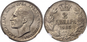 Yugoslavia 2 Dinara 1925 B NGC AU 58
KM# 6, N# 4923; Nickel brass; Aleksandar I; Brussels Mint