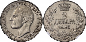Yugoslavia 2 Dinara 1925 P NGC MS 62
KM# 6, N# 4923; Nickel brass; Aleksandar I; Poissy Mint