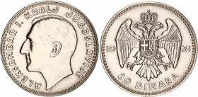 Yugoslavia 20 Dinara 1931
KM# 11, N# 14653; Silver; Aleksandar I; UNC with full mint luster