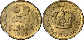 Yugoslavia 2 Dinara 1938 NGC MS 65
KM# 20, N# 4868; Large crown; Aluminium-bronze; Petar II; With mint luster