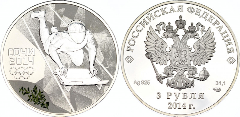 Russian Federation 3 Roubles 2014
Y# 1475, N# 37450; Silver., Proof; Sochi Olym...