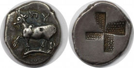 Byzantinische Münzen. Thrakien. AR Drachme. Circa 340-320 v. Chr. (5,25 g. 19 mm). Vs.: Stier links oben auf Delphin, 'ΠΥ oben, Spur der Legende ΔAX? ...