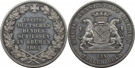 Altdeutsche Münzen und Medaillen, BREMEN - STADT. Zweites Deutsches Bundesschiessen. Taler 1865, Silber. AKS 16. Stempelglanz