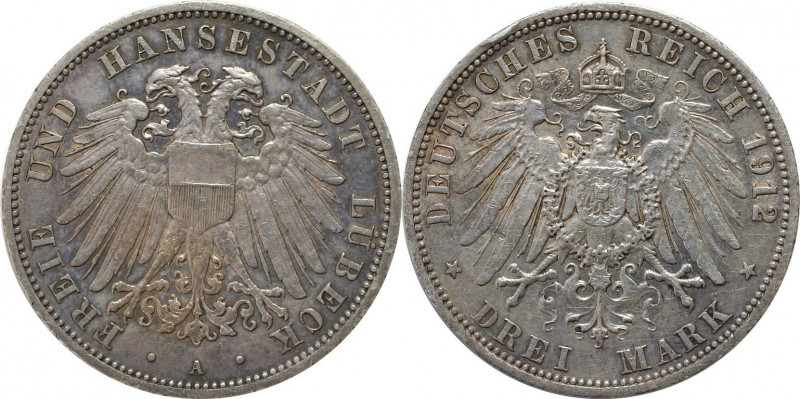Deutsche Münzen und Medaillen ab 1871, REICHSSILBERMÜNZEN, Lübeck. 3 Mark 1912 A...
