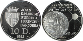Europäische Münzen und Medaillen, Andorra. 500. Jahrestag der Entdeckung Amerikas. 10 Diners 1992. 31,10 g. 0.925 Silber. 0.93 OZ. KM 78. Polierte Pla...